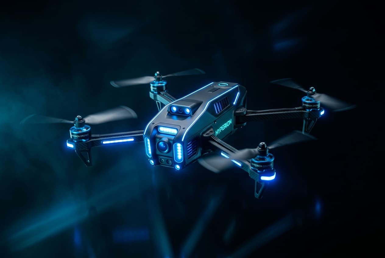 Futuristic gesture-controlled drone with blue LED sensors